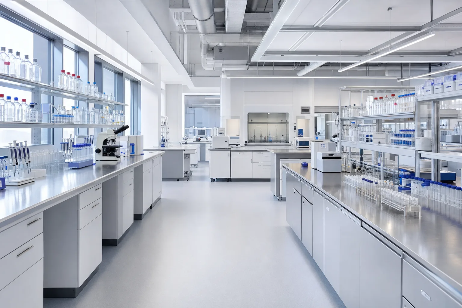 Modern pharmaceutical research laboratory with scientific instruments and glassware