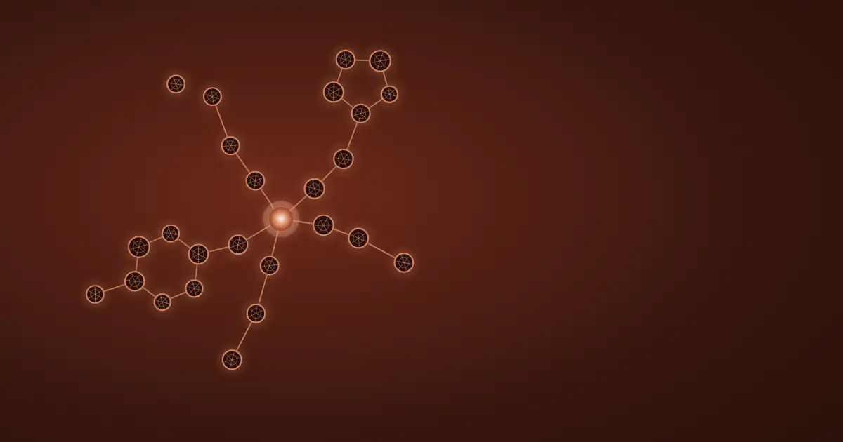 Abstract wireframe visualisation of a molecular graph with warm copper highlights on a dark sandstone background
