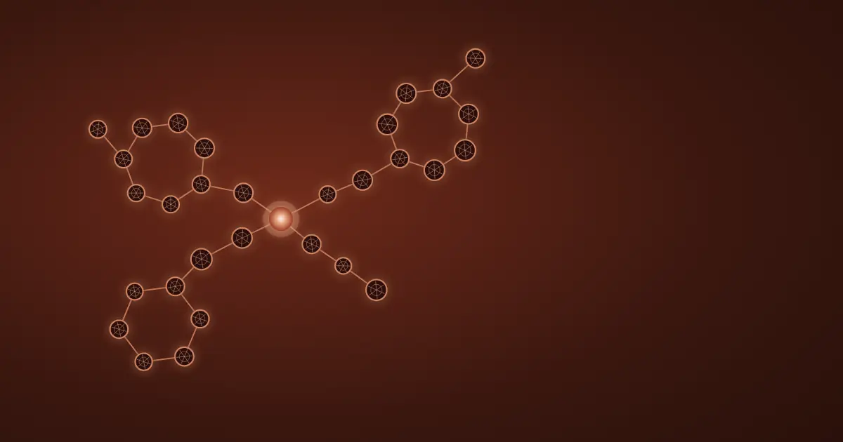 Abstract wireframe visualisation of a molecular graph with warm copper highlights on a dark sandstone background