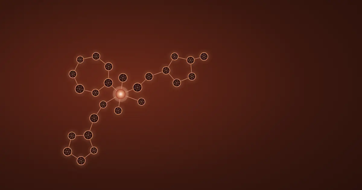 Abstract wireframe visualisation of a molecular graph with warm copper highlights on a dark sandstone background